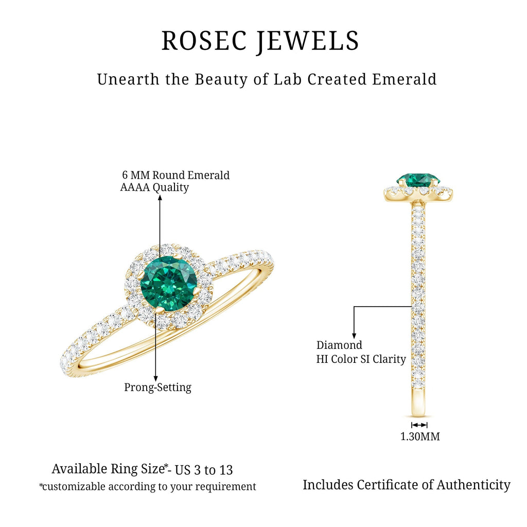 Lab Grown Emerald Ring – Round Cut Emerald Engagement Ring with Diamond Halo Setting