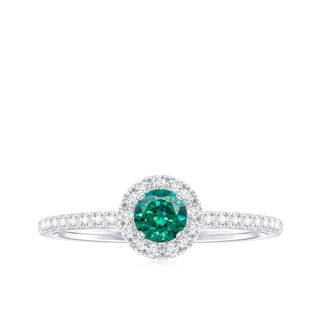 Lab Grown Emerald Ring – Round Cut Emerald Engagement Ring with Diamond Halo Setting
