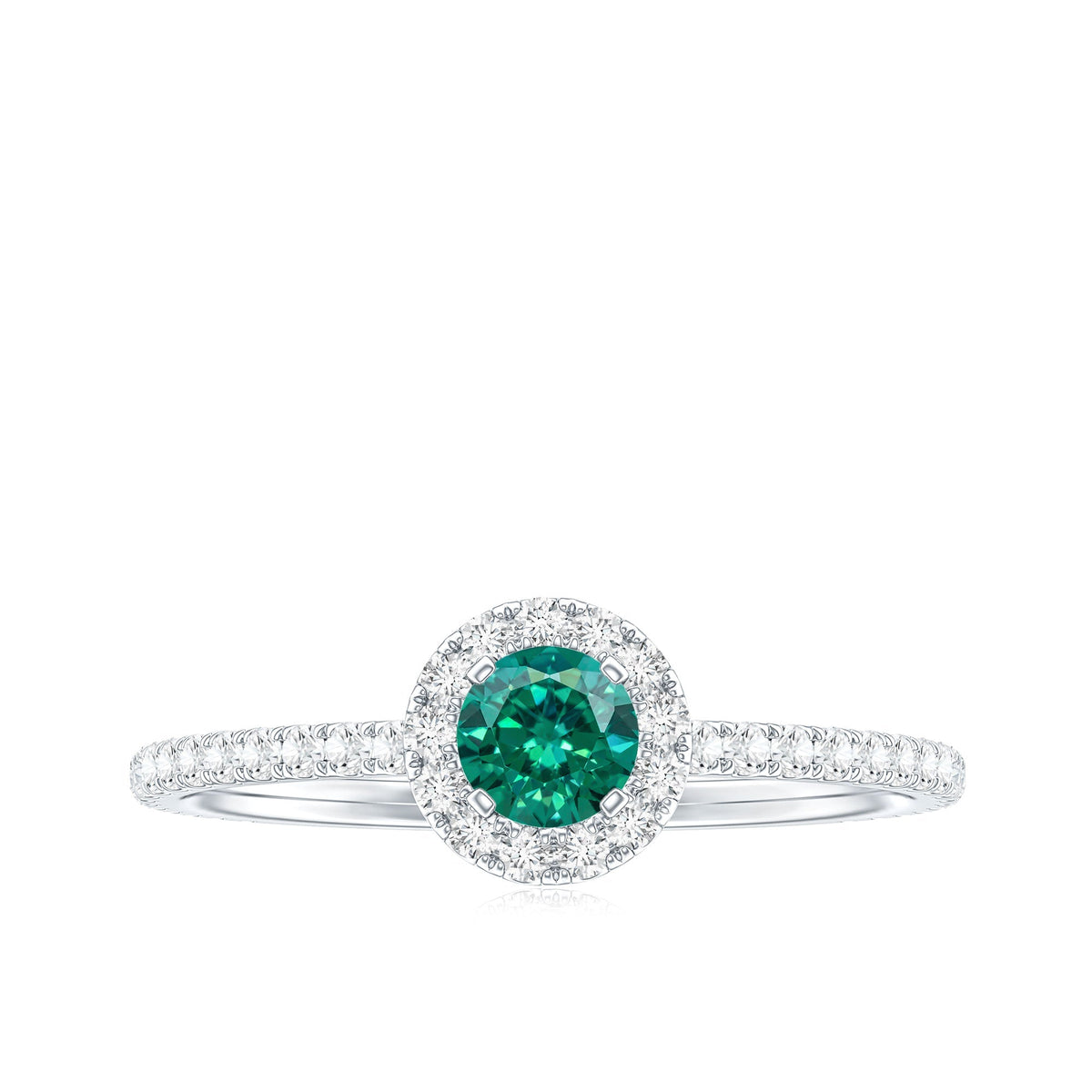 Lab Grown Emerald Ring – Round Cut Emerald Engagement Ring with Diamond Halo Setting