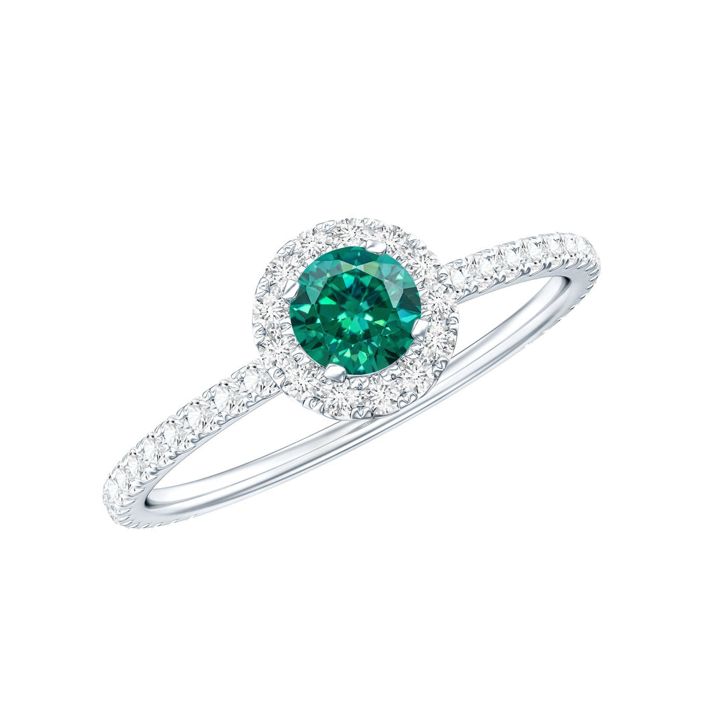 Lab Grown Emerald Ring – Round Cut Emerald Engagement Ring with Diamond Halo Setting