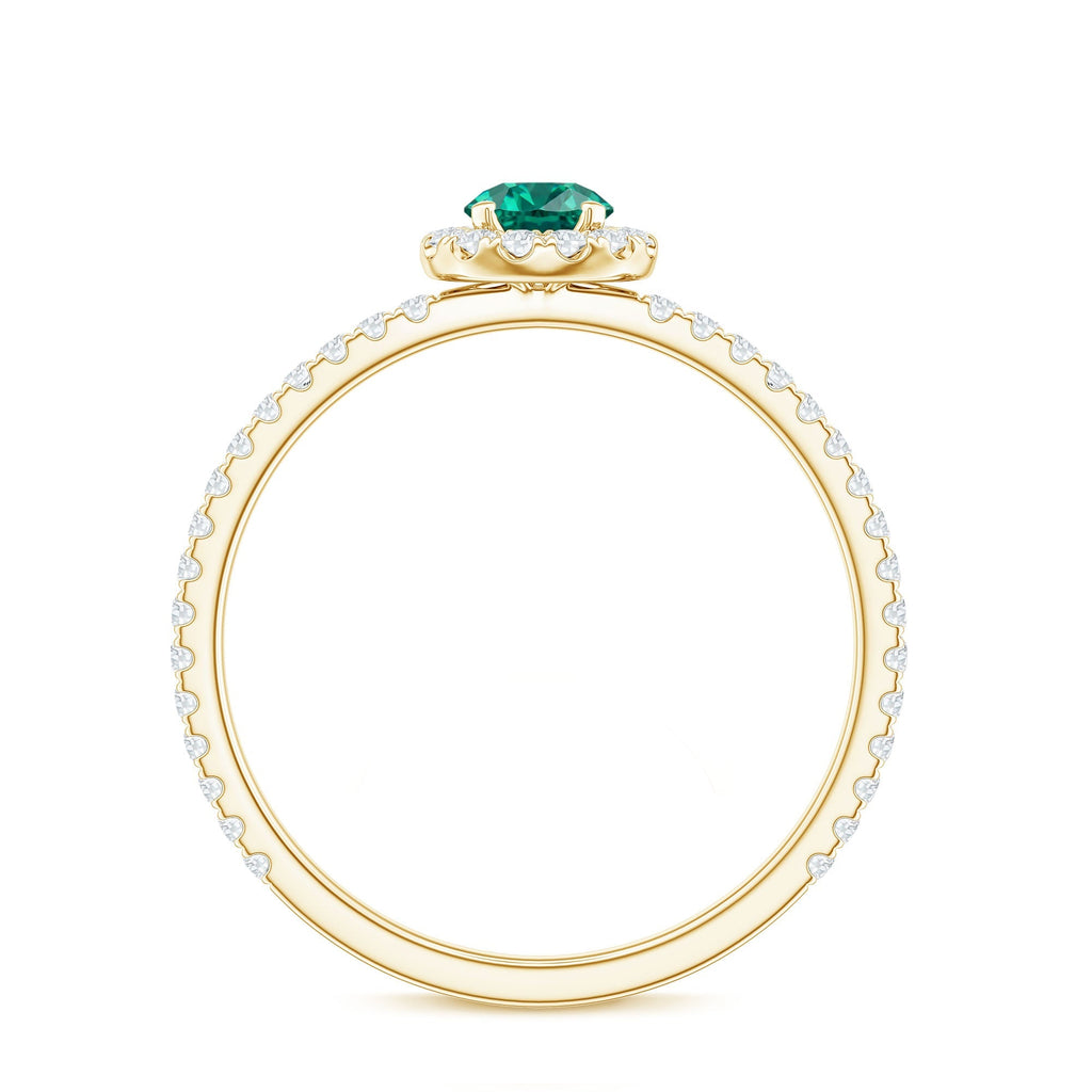 Lab Grown Emerald Ring – Round Cut Emerald Engagement Ring with Diamond Halo Setting