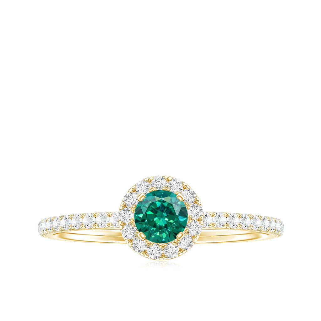 Lab Grown Emerald Ring – Round Cut Emerald Engagement Ring with Diamond Halo Setting