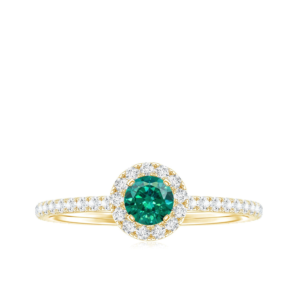 Lab Grown Emerald Ring – Round Cut Emerald Engagement Ring with Diamond Halo Setting