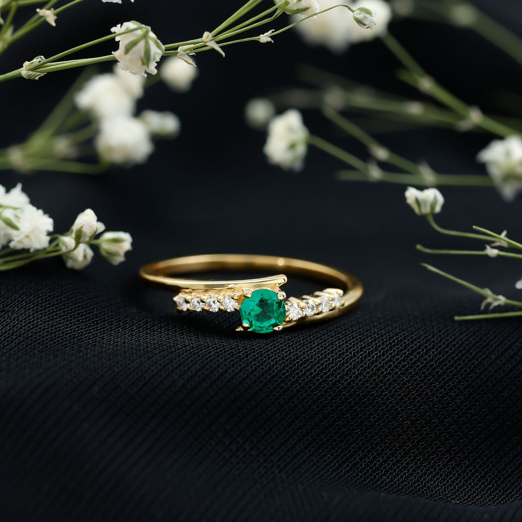 Lab Grown Emerald Ring – Simple Promise Ring with Bypass Shank & Diamond Accent