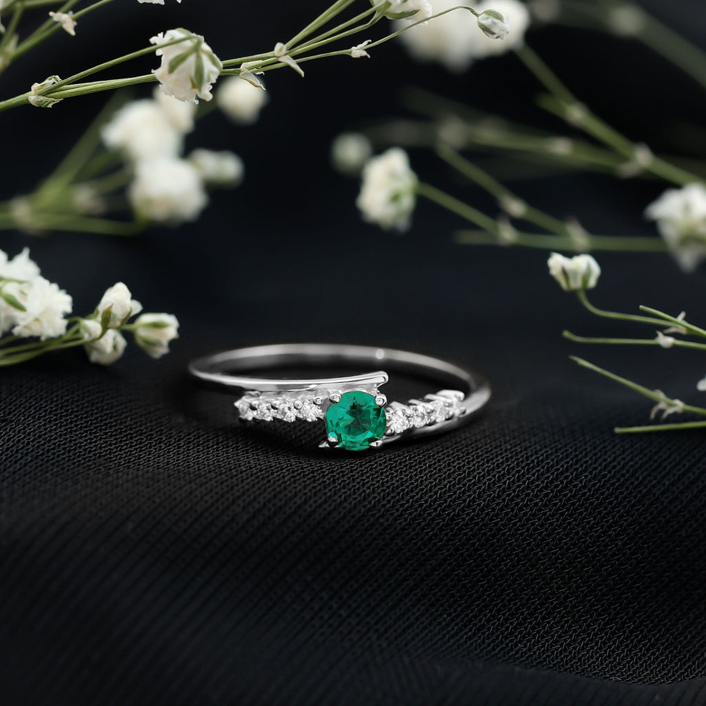 Lab Grown Emerald Ring – Simple Promise Ring with Bypass Shank & Diamond Accent