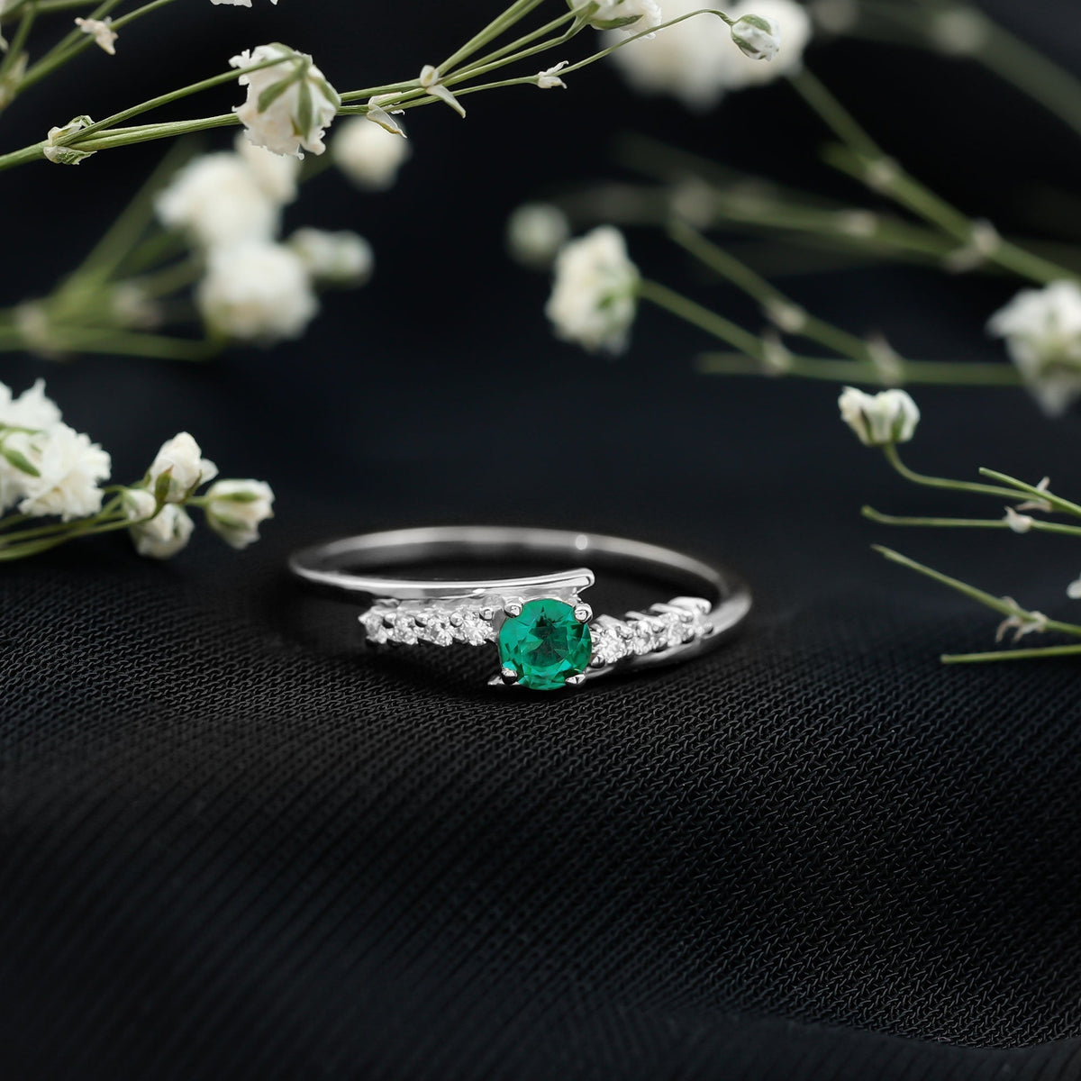 Lab Grown Emerald Ring – Simple Promise Ring with Bypass Shank & Diamond Accent