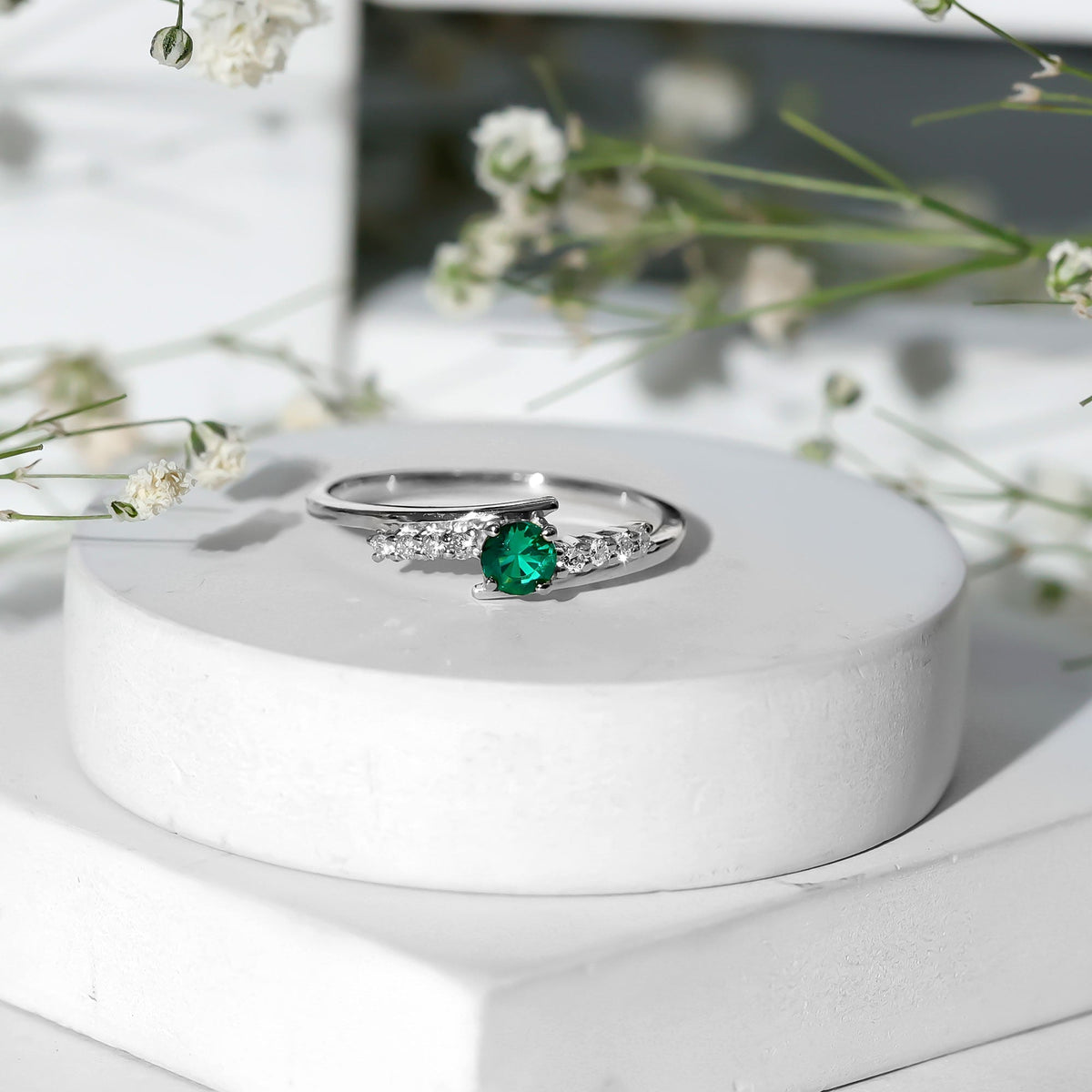 Lab Grown Emerald Ring – Simple Promise Ring with Bypass Shank & Diamond Accent