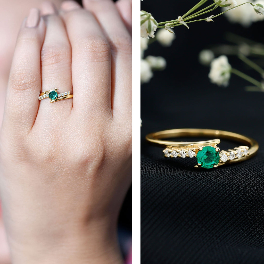 Lab Grown Emerald Ring – Simple Promise Ring with Bypass Shank & Diamond Accent