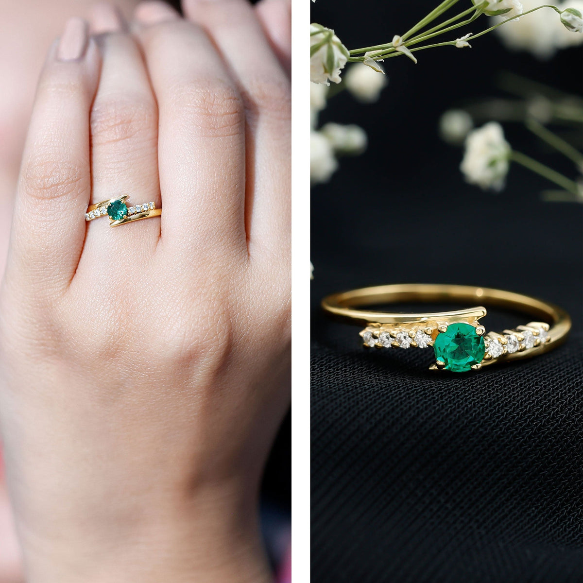 Lab Grown Emerald Ring – Simple Promise Ring with Bypass Shank & Diamond Accent
