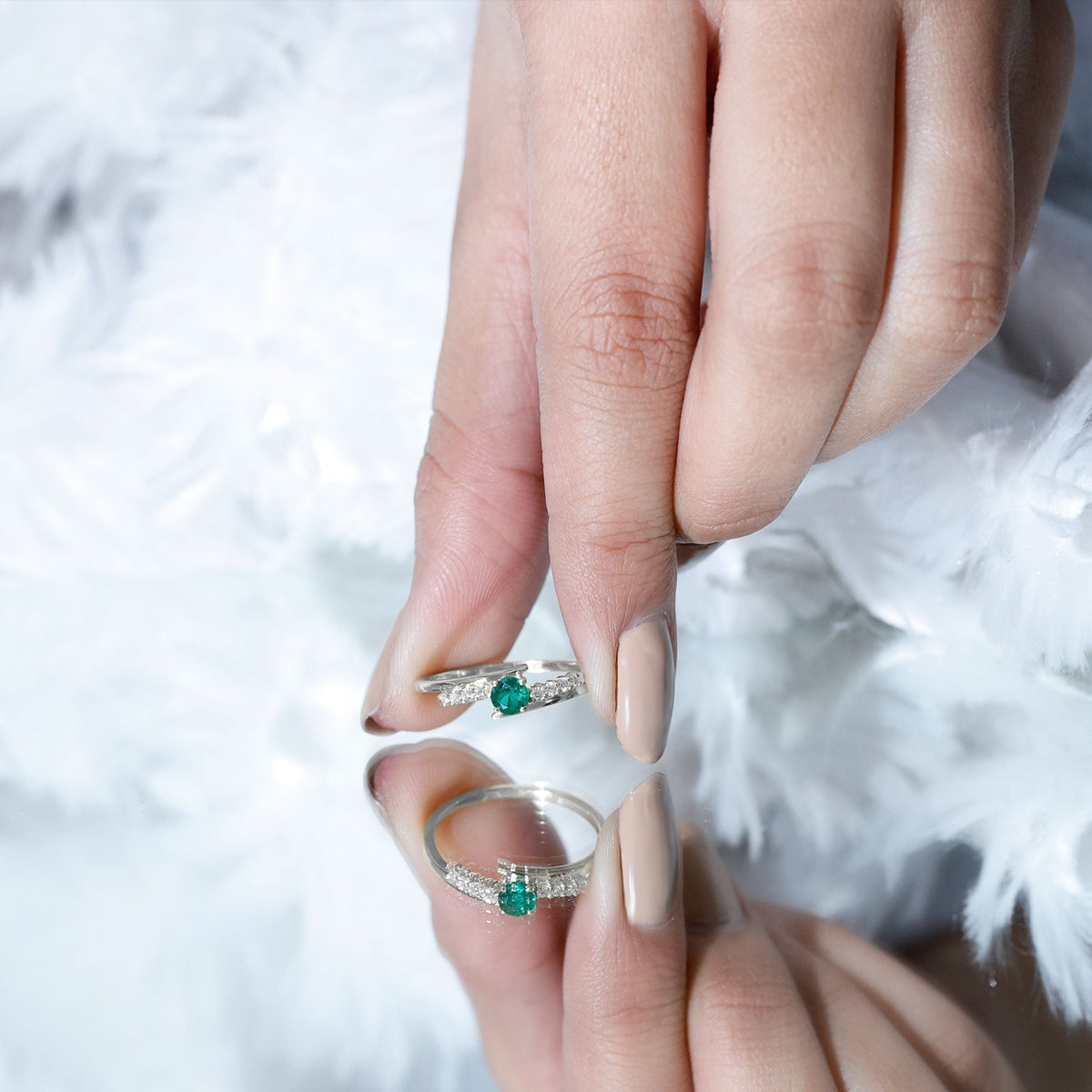 Lab Grown Emerald Ring – Simple Promise Ring with Bypass Shank & Diamond Accent