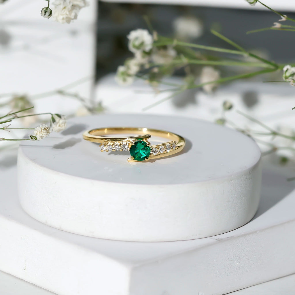 Lab Grown Emerald Ring – Simple Promise Ring with Bypass Shank & Diamond Accent