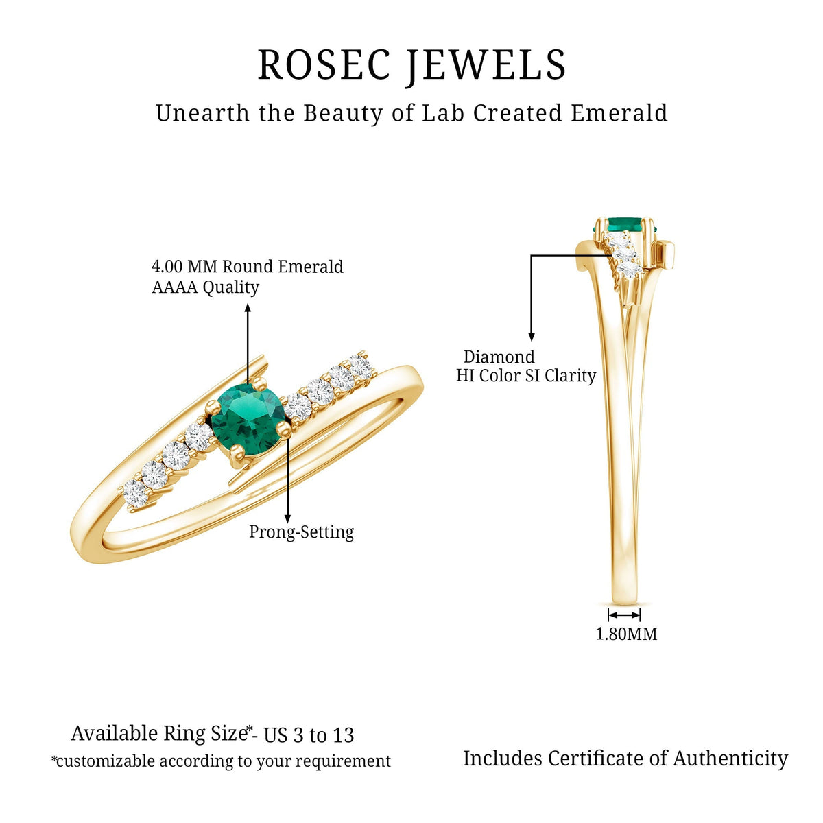 Lab Grown Emerald Ring – Simple Promise Ring with Bypass Shank & Diamond Accent
