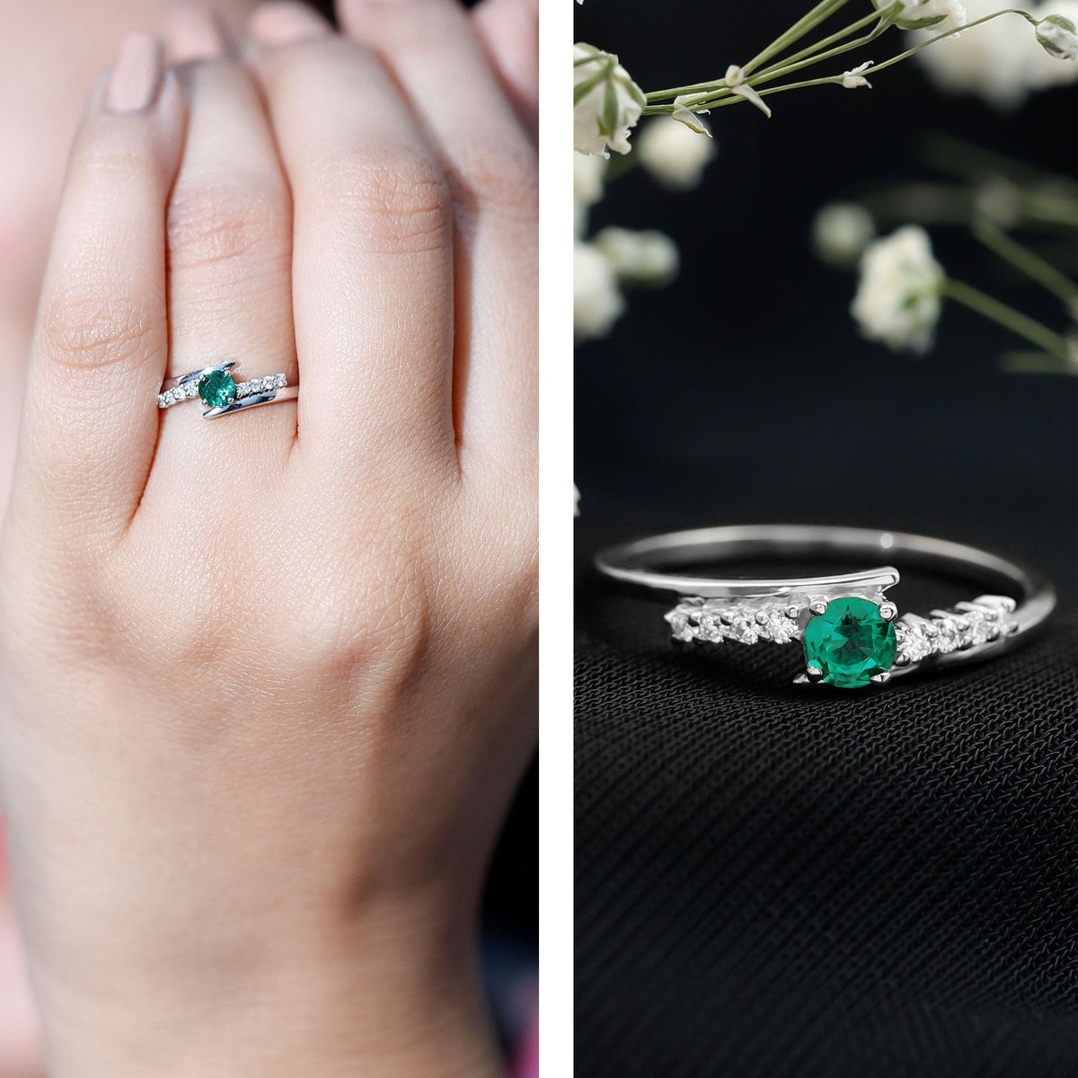 Lab Grown Emerald Ring – Simple Promise Ring with Bypass Shank & Diamond Accent