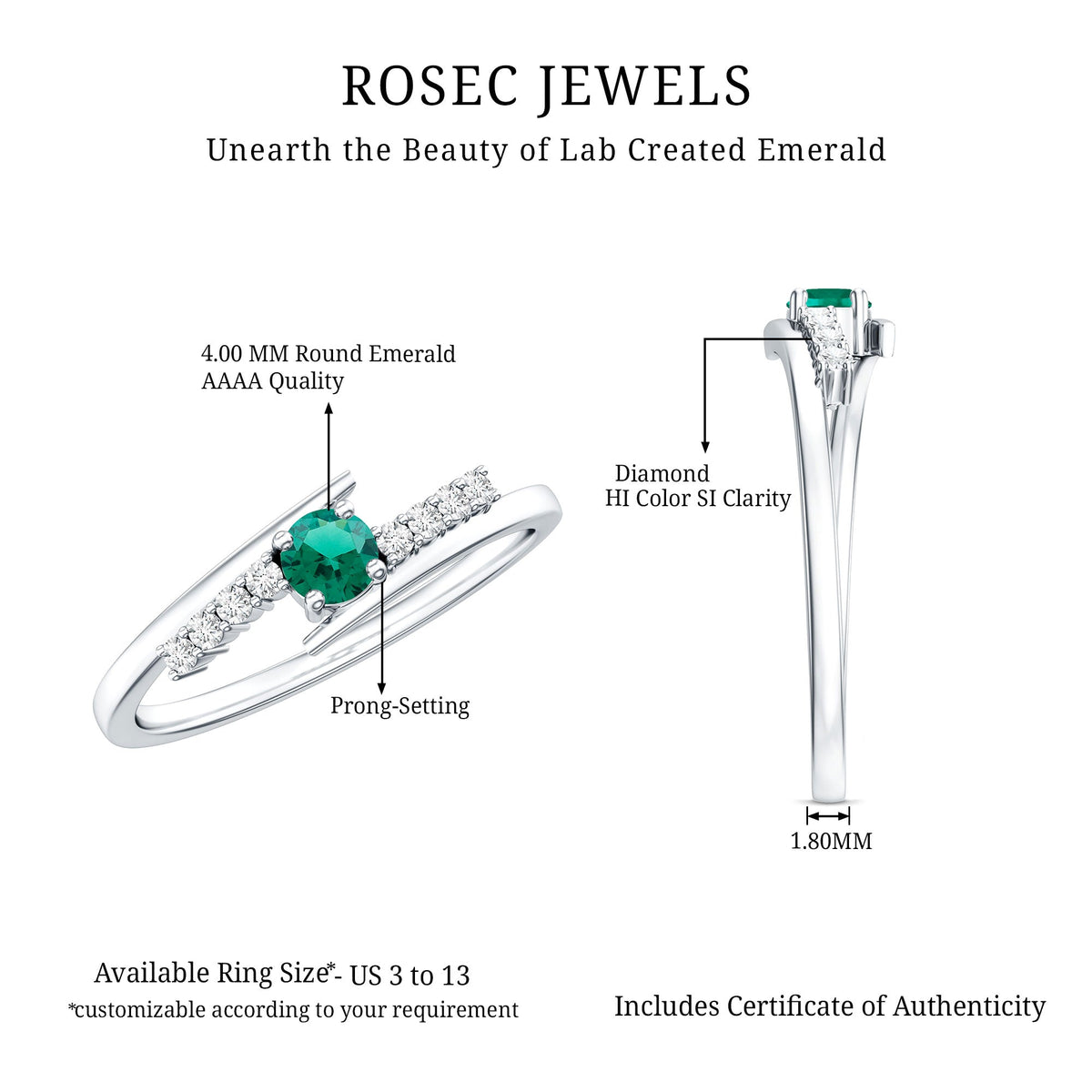 Lab Grown Emerald Ring – Simple Promise Ring with Bypass Shank & Diamond Accent