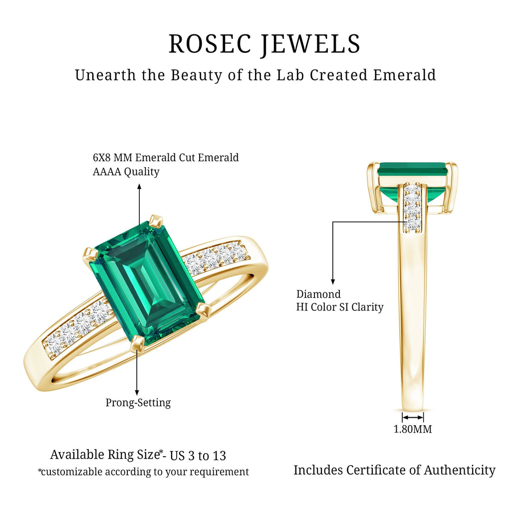 Lab Grown Emerald Ring – Solitaire Engagement Ring with Diamond Accent & Prong Setting