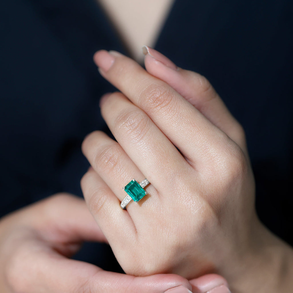Lab Grown Emerald Ring – Solitaire Engagement Ring with Diamond Accent & Prong Setting