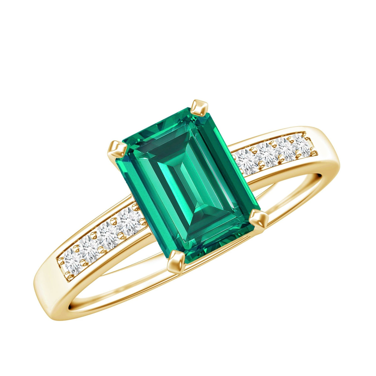 Lab Grown Emerald Ring – Solitaire Engagement Ring with Diamond Accent & Prong Setting