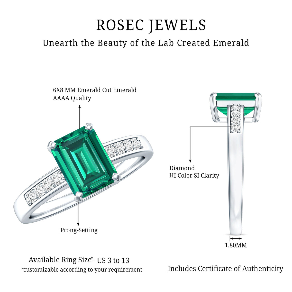 Lab Grown Emerald Ring – Solitaire Engagement Ring with Diamond Accent & Prong Setting