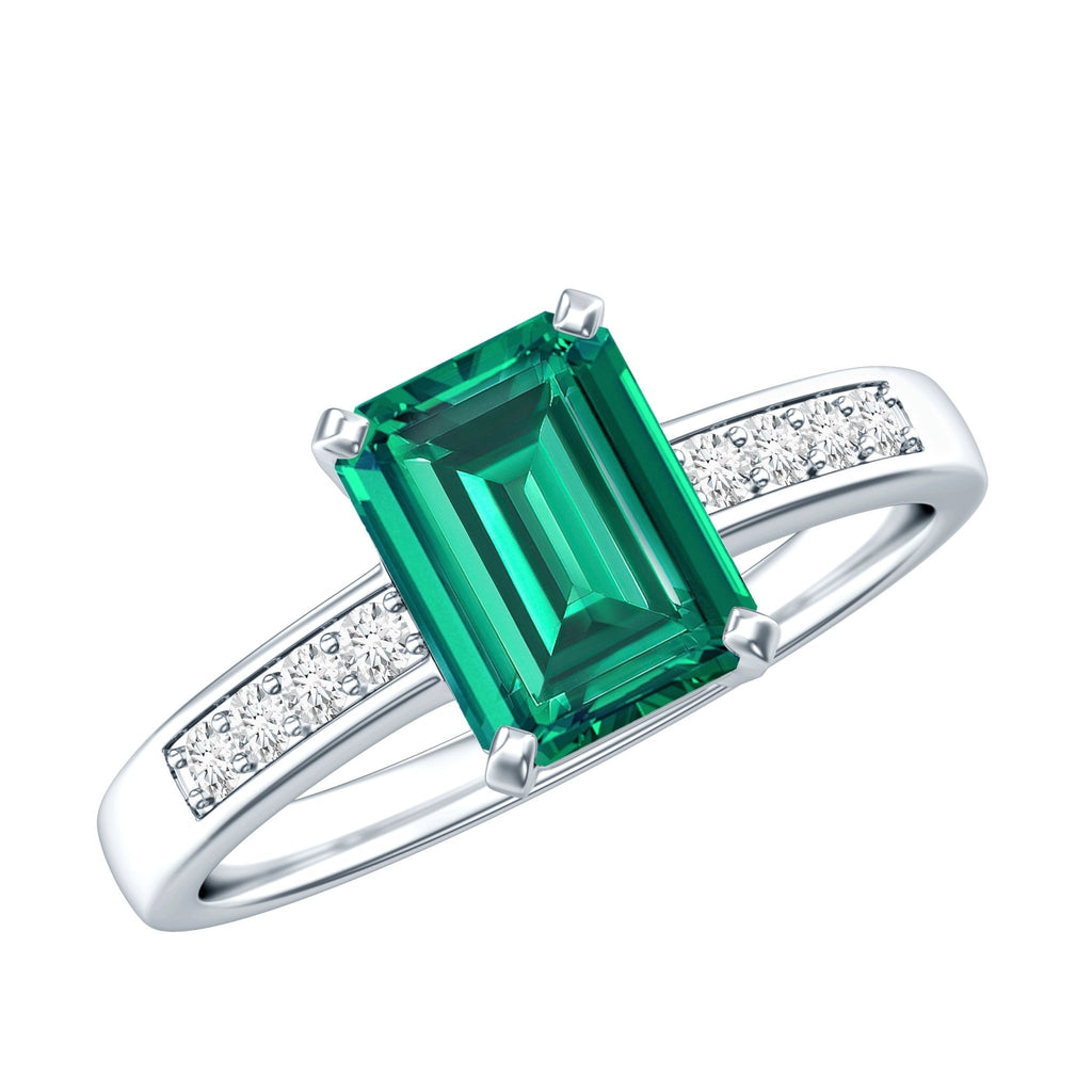 Lab Grown Emerald Ring – Solitaire Engagement Ring with Diamond Accent & Prong Setting