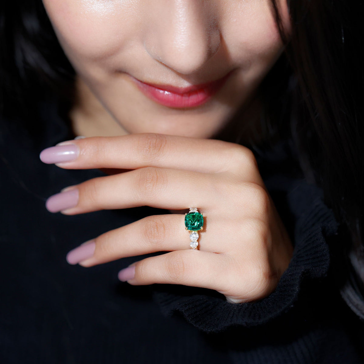 Lab Grown Emerald Ring – Solitaire Style 2 Carat Cushion Cut Emerald with Sparkling Side Stones