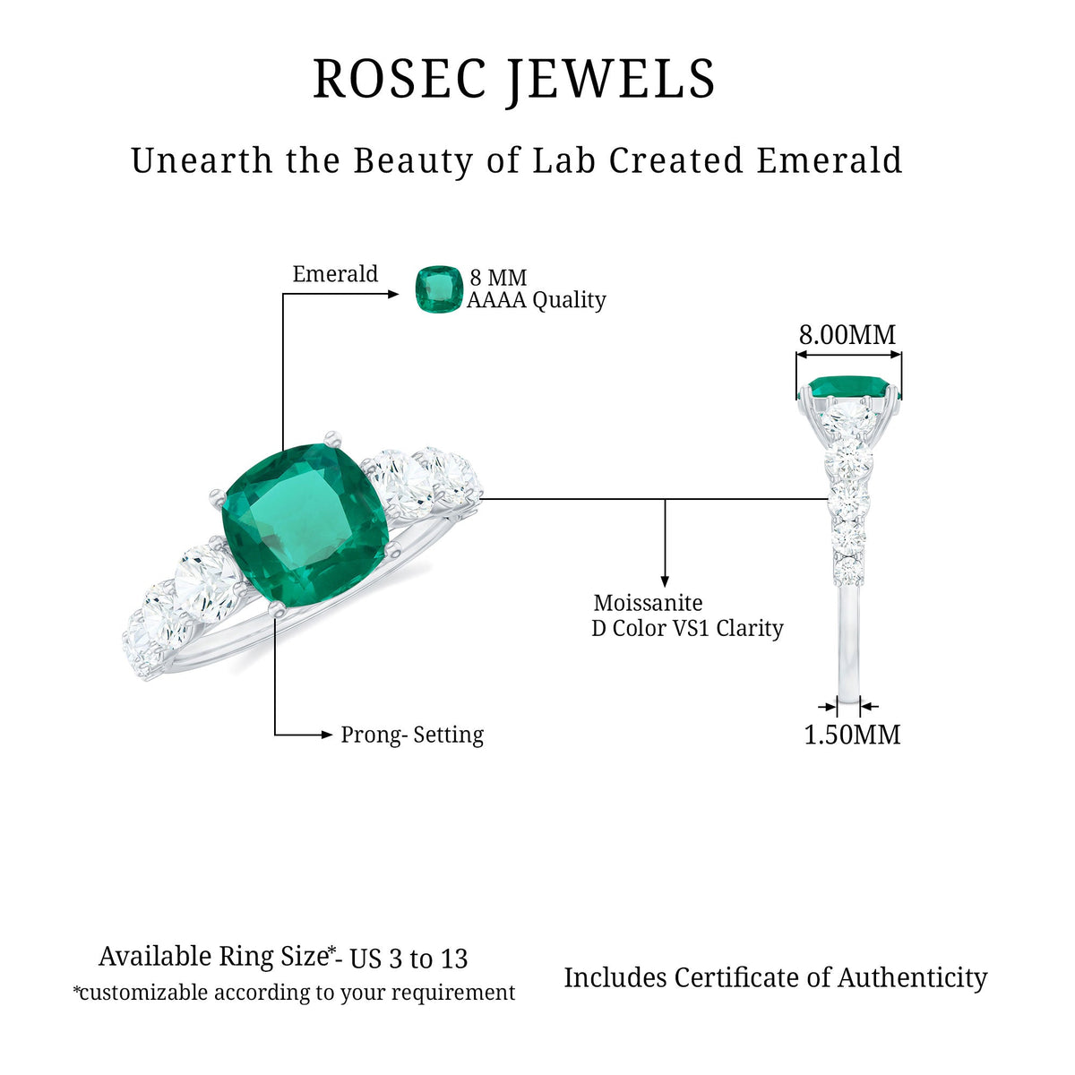 Lab Grown Emerald Ring – Solitaire Style 2 Carat Cushion Cut Emerald with Sparkling Side Stones