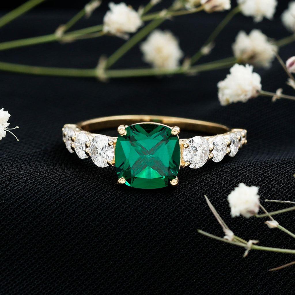 Lab Grown Emerald Ring – Solitaire Style 2 Carat Cushion Cut Emerald with Sparkling Side Stones