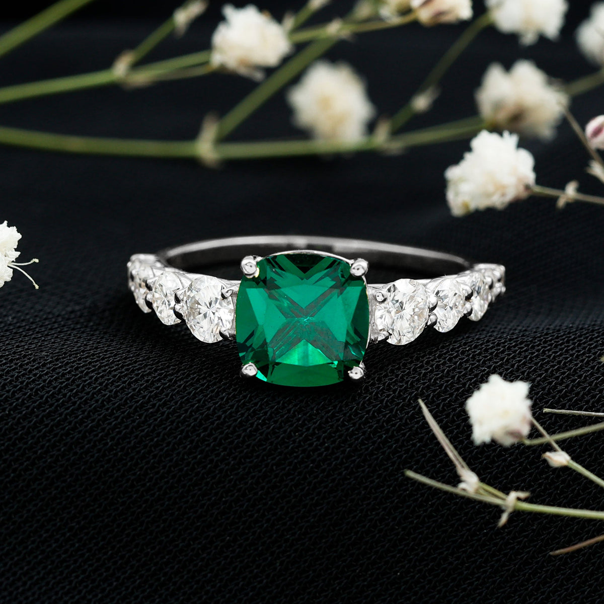 Lab Grown Emerald Ring – Solitaire Style 2 Carat Cushion Cut Emerald with Sparkling Side Stones