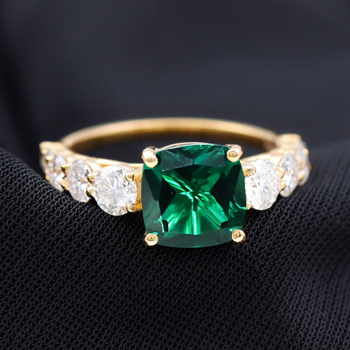 Lab Grown Emerald Ring – Solitaire Style 2 Carat Cushion Cut Emerald with Sparkling Side Stones