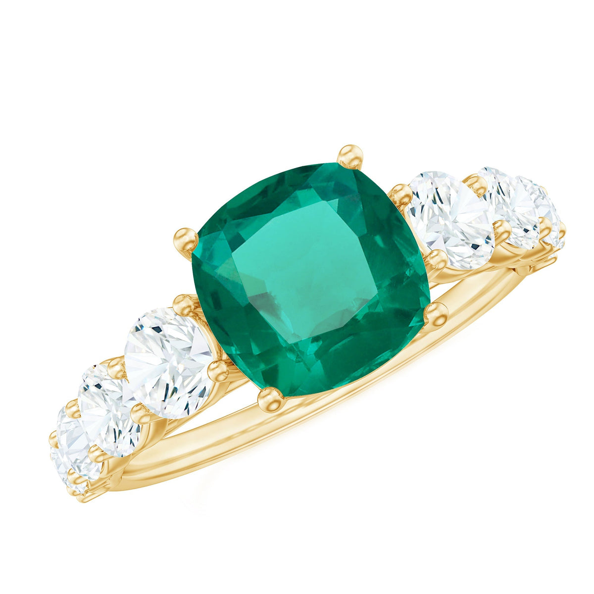Lab Grown Emerald Ring – Solitaire Style 2 Carat Cushion Cut Emerald with Sparkling Side Stones