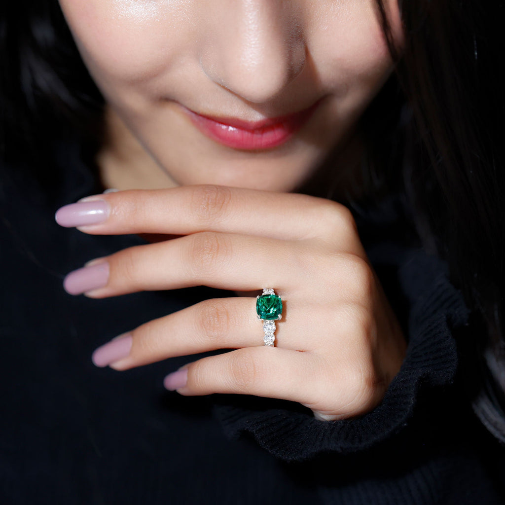 Lab Grown Emerald Ring – Solitaire Style 2 Carat Cushion Cut Emerald with Sparkling Side Stones