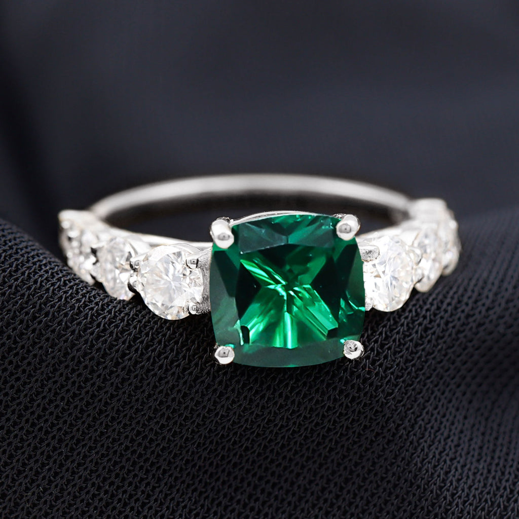 Lab Grown Emerald Ring – Solitaire Style 2 Carat Cushion Cut Emerald with Sparkling Side Stones