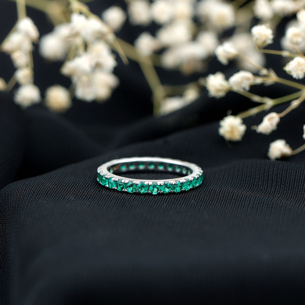 Lab Grown Emerald Ring – Stackable Eternity Style Band with AAAA Quality Green Gemstone