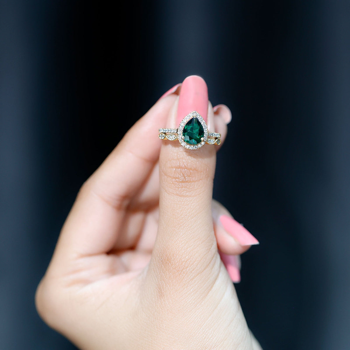 Lab Grown Emerald Ring – Teardrop Engagement & Stackable Bridal Set with AAA Diamonds