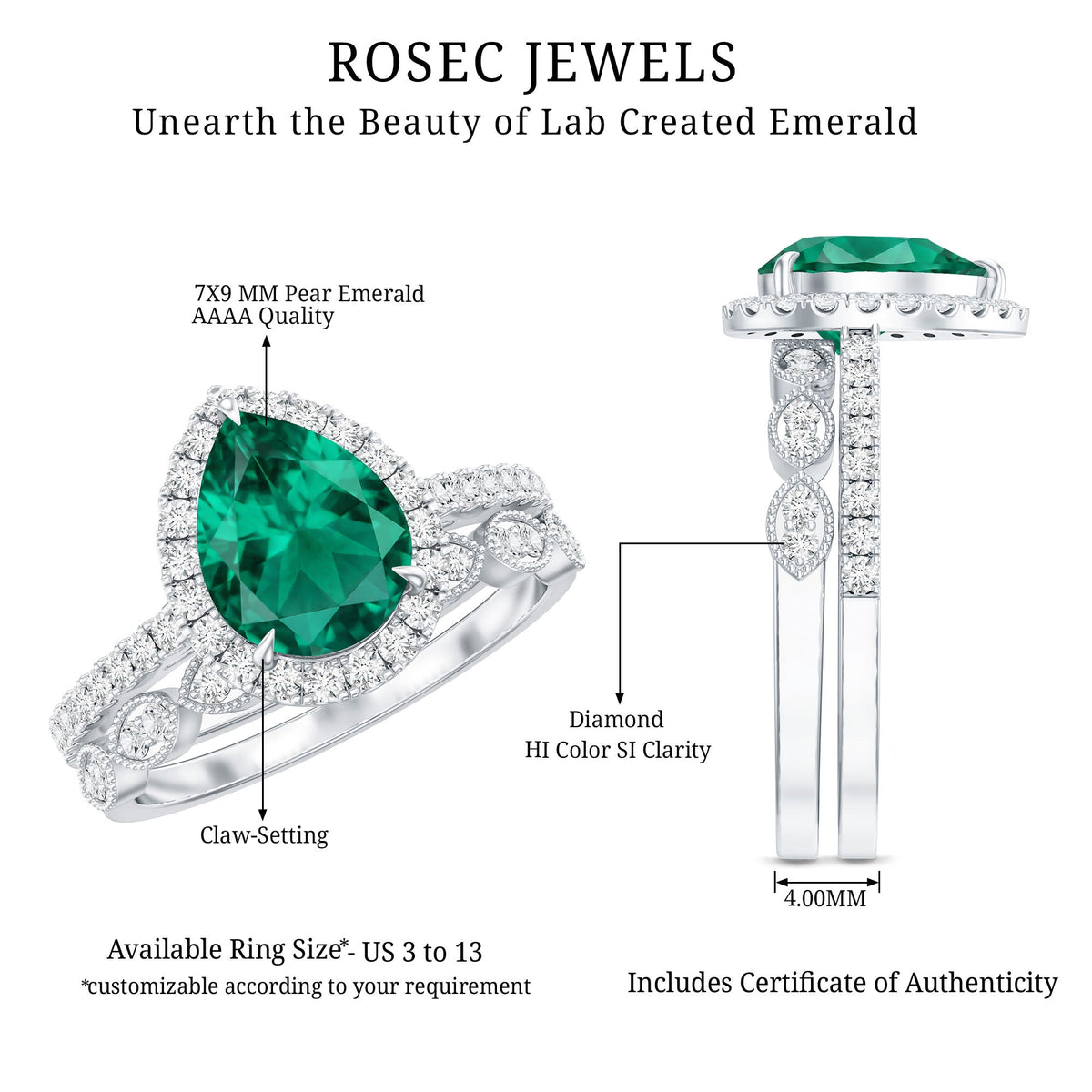 Lab Grown Emerald Ring – Teardrop Engagement & Stackable Bridal Set with AAA Diamonds