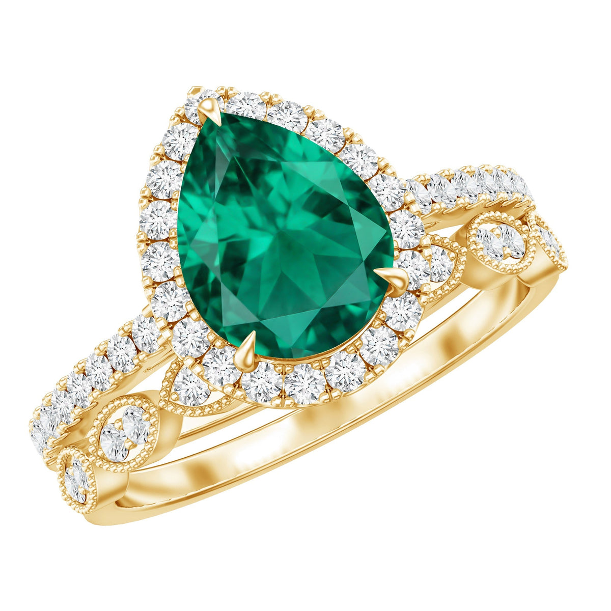 Lab Grown Emerald Ring – Teardrop Engagement & Stackable Bridal Set with AAA Diamonds