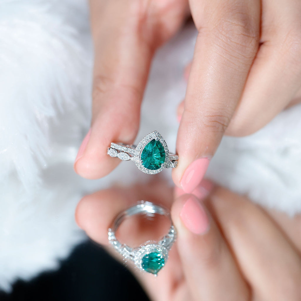 Lab Grown Emerald Ring – Teardrop Engagement & Stackable Bridal Set with AAA Diamonds