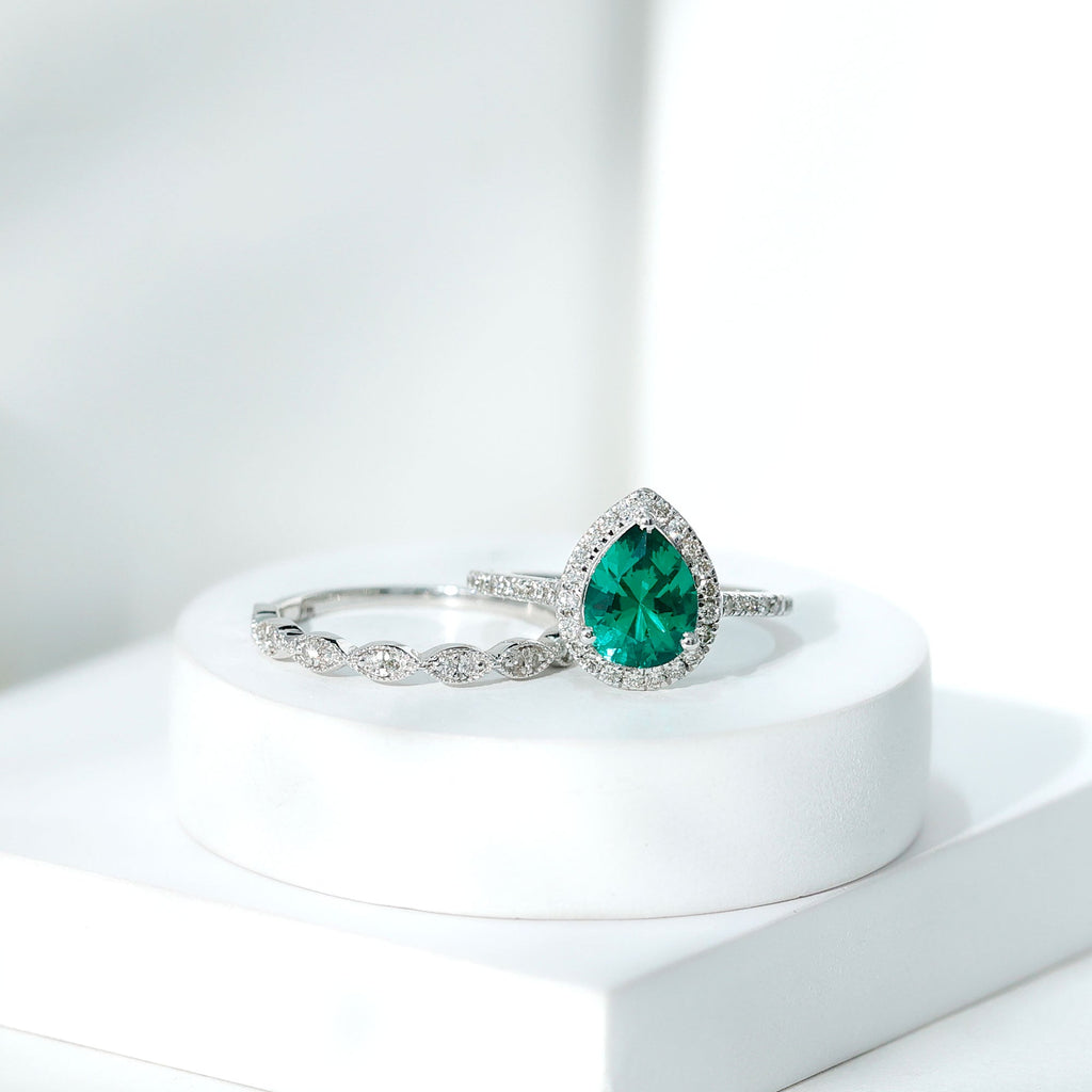 Lab Grown Emerald Ring – Teardrop Engagement & Stackable Bridal Set with AAA Diamonds