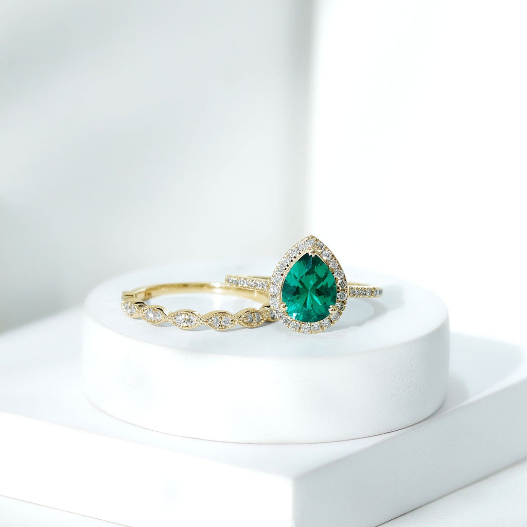 Lab Grown Emerald Ring – Teardrop Engagement & Stackable Bridal Set with AAA Diamonds