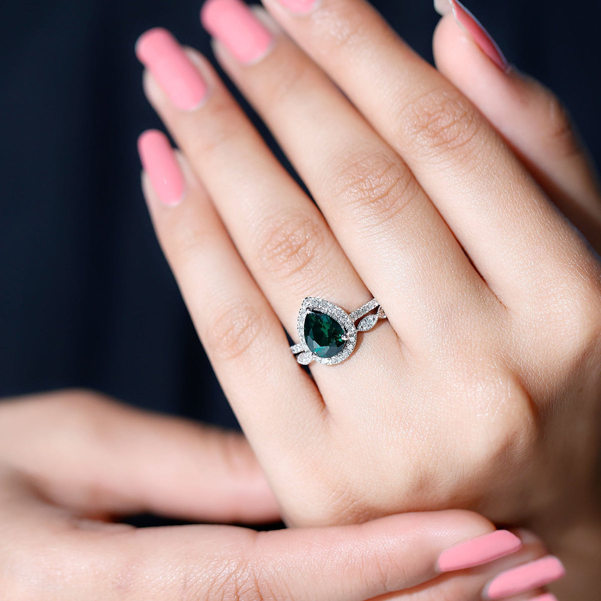 Lab Grown Emerald Ring – Teardrop Engagement & Stackable Bridal Set with AAA Diamonds