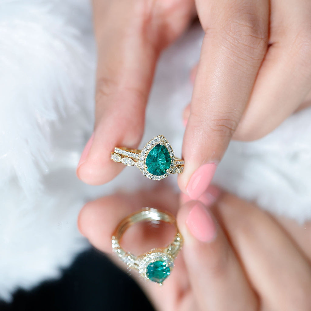 Lab Grown Emerald Ring – Teardrop Engagement & Stackable Bridal Set with AAA Diamonds