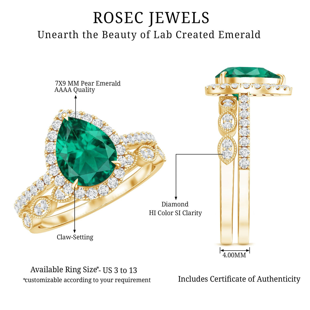 Lab Grown Emerald Ring – Teardrop Engagement & Stackable Bridal Set with AAA Diamonds