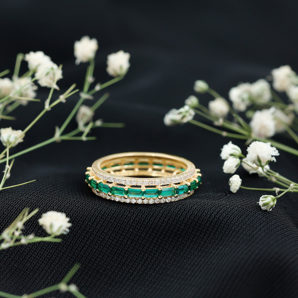 Lab Grown Emerald Ring – Three Row Band with Moissanite Wedding Band, Prong Setting