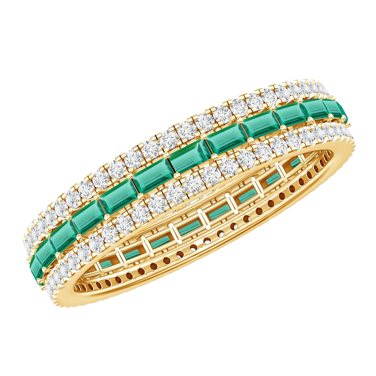 Lab Grown Emerald Ring – Three Row Band with Moissanite Wedding Band, Prong Setting