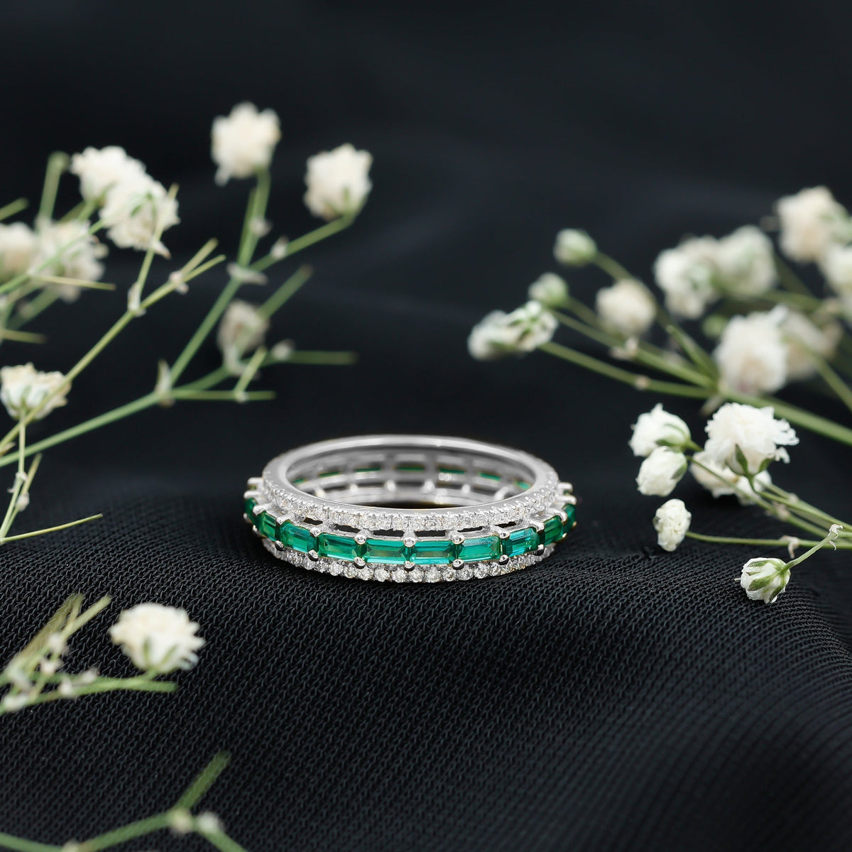 Lab Grown Emerald Ring – Three Row Band with Moissanite Wedding Band, Prong Setting