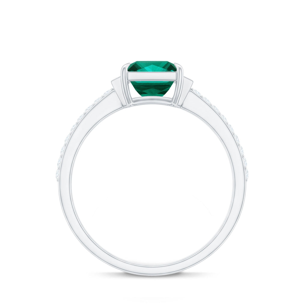 Lab Grown Emerald Ring – Three Stone Engagement with Princess Cut & Moissanite Side Stones