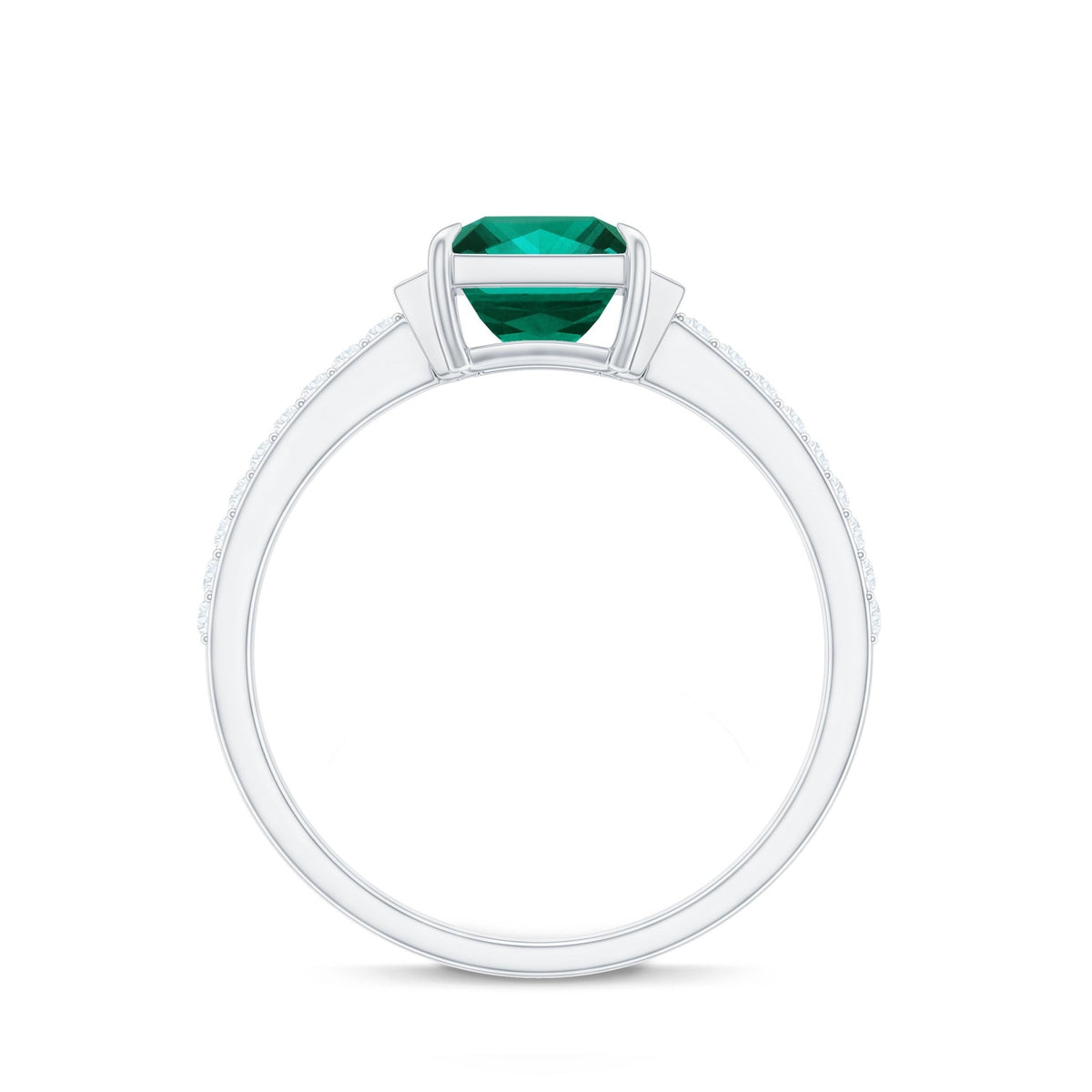 Lab Grown Emerald Ring – Three Stone Engagement with Princess Cut & Moissanite Side Stones