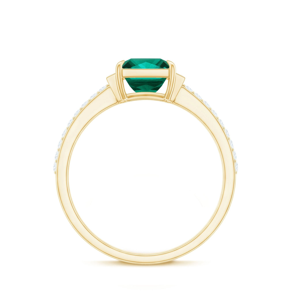 Lab Grown Emerald Ring – Three Stone Engagement with Princess Cut & Moissanite Side Stones