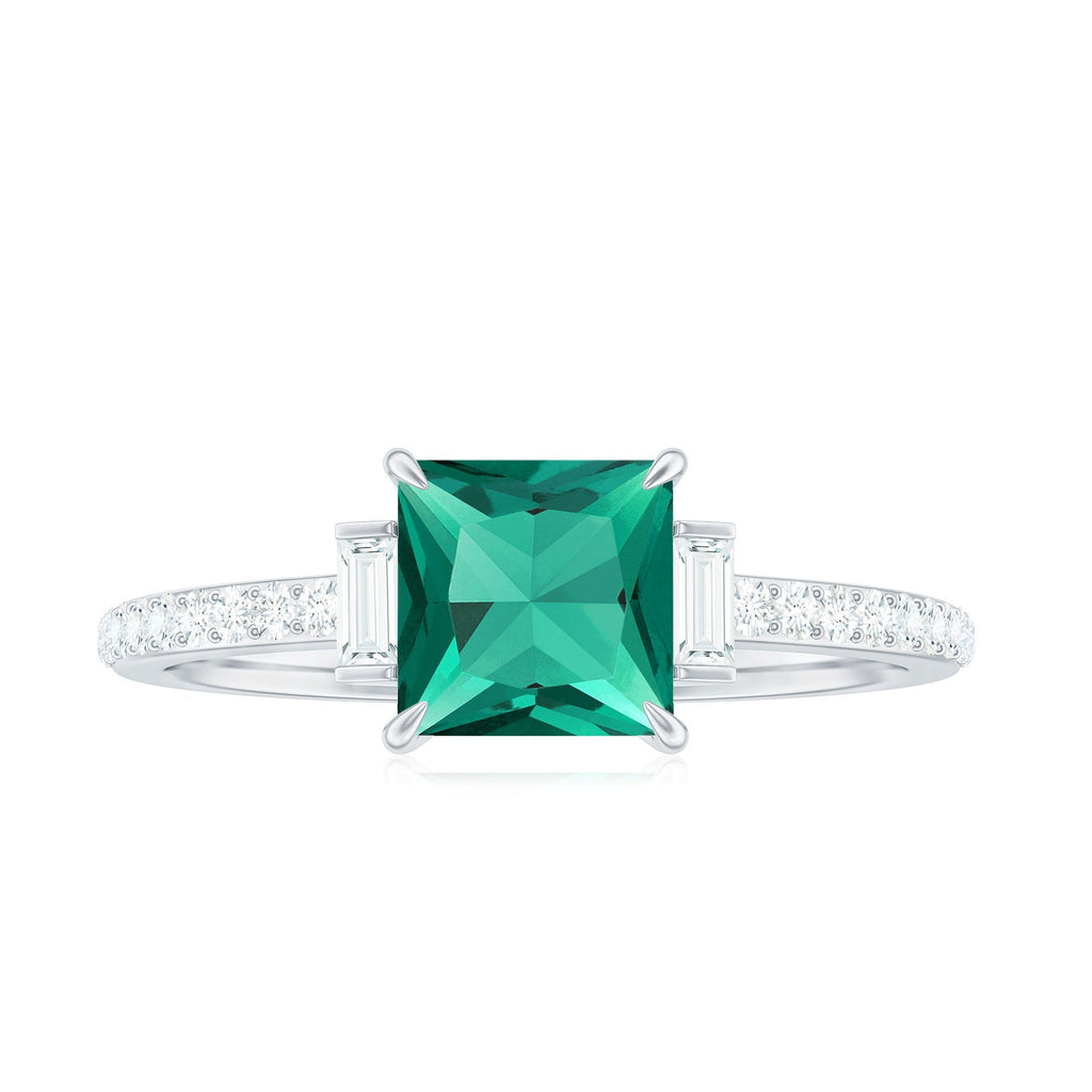 Lab Grown Emerald Ring – Three Stone Engagement with Princess Cut & Moissanite Side Stones
