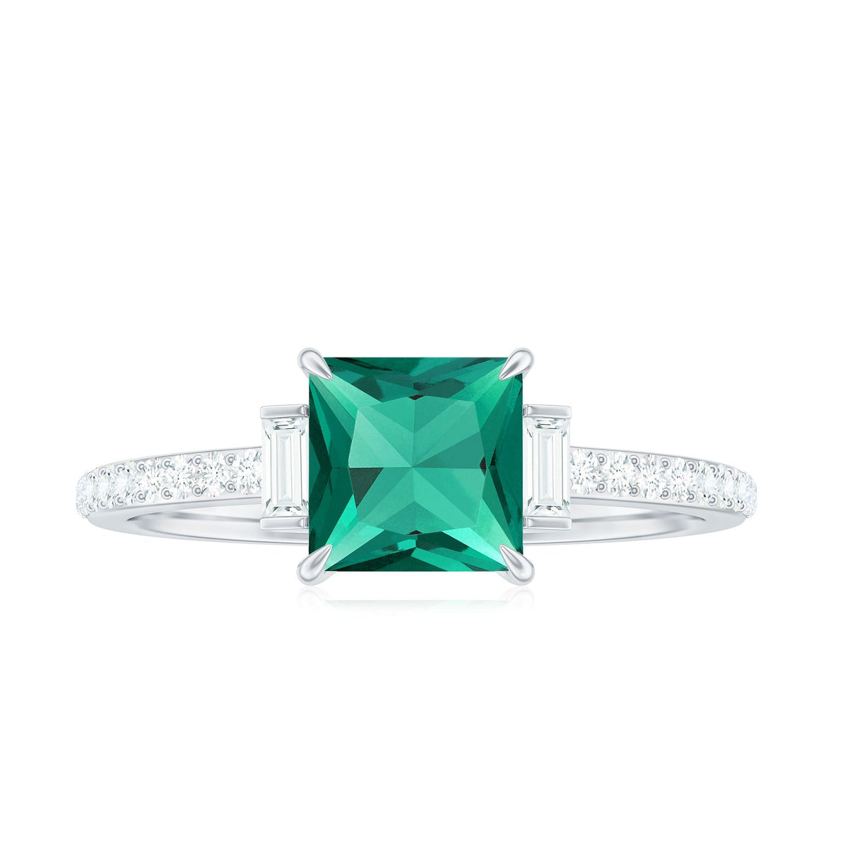 Lab Grown Emerald Ring – Three Stone Engagement with Princess Cut & Moissanite Side Stones