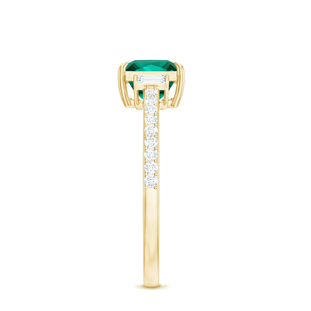 Lab Grown Emerald Ring – Three Stone Engagement with Princess Cut & Moissanite Side Stones